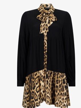 Roberto Cavalli Black Mini Dress with Leopard-Print